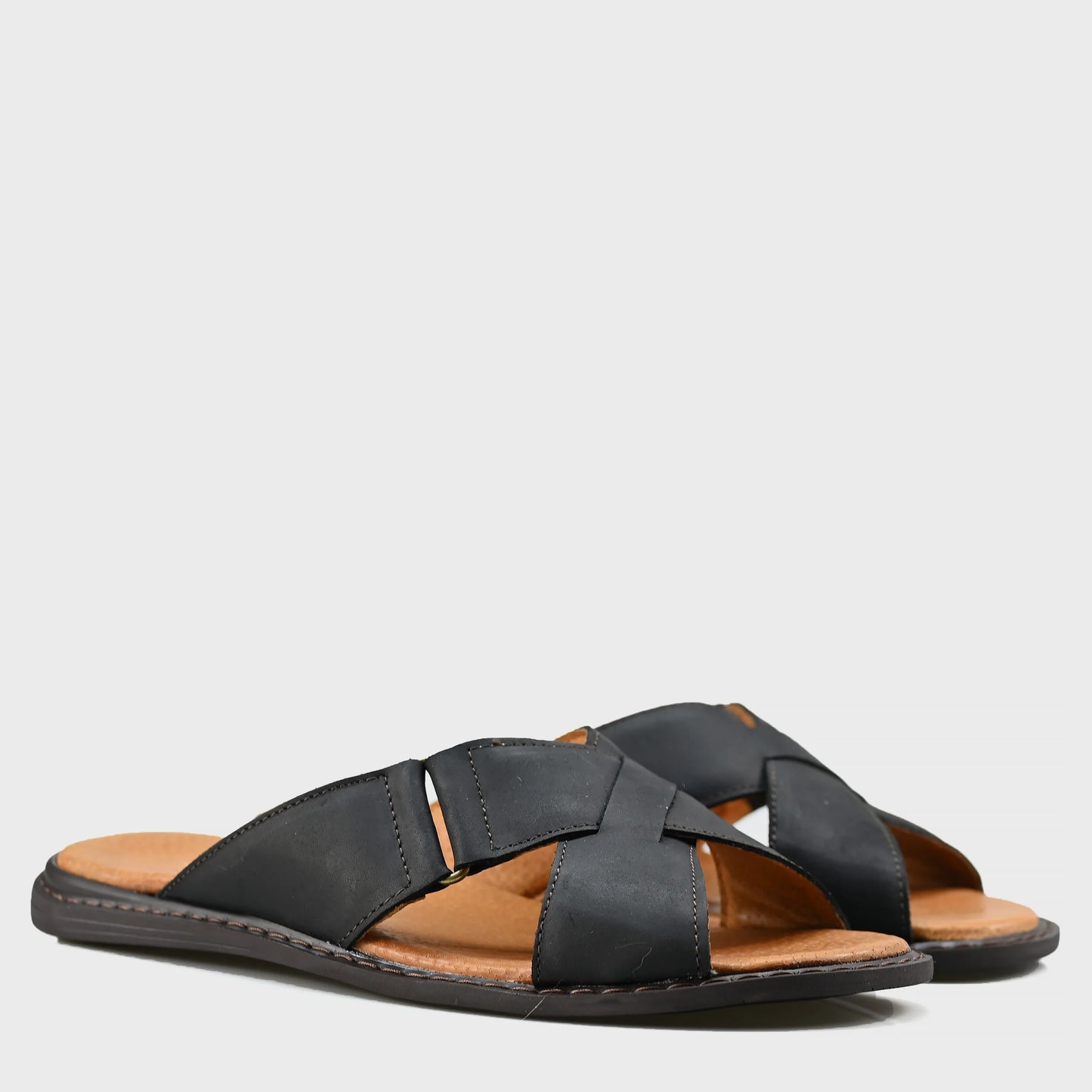Black Leather Men’s Cross-Strap Slides – Nero | KarolShoes