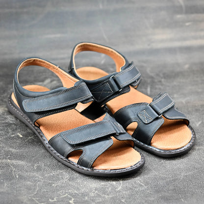 Black Leather Men’s Velcro Sandals – Lino | KarolShoes
