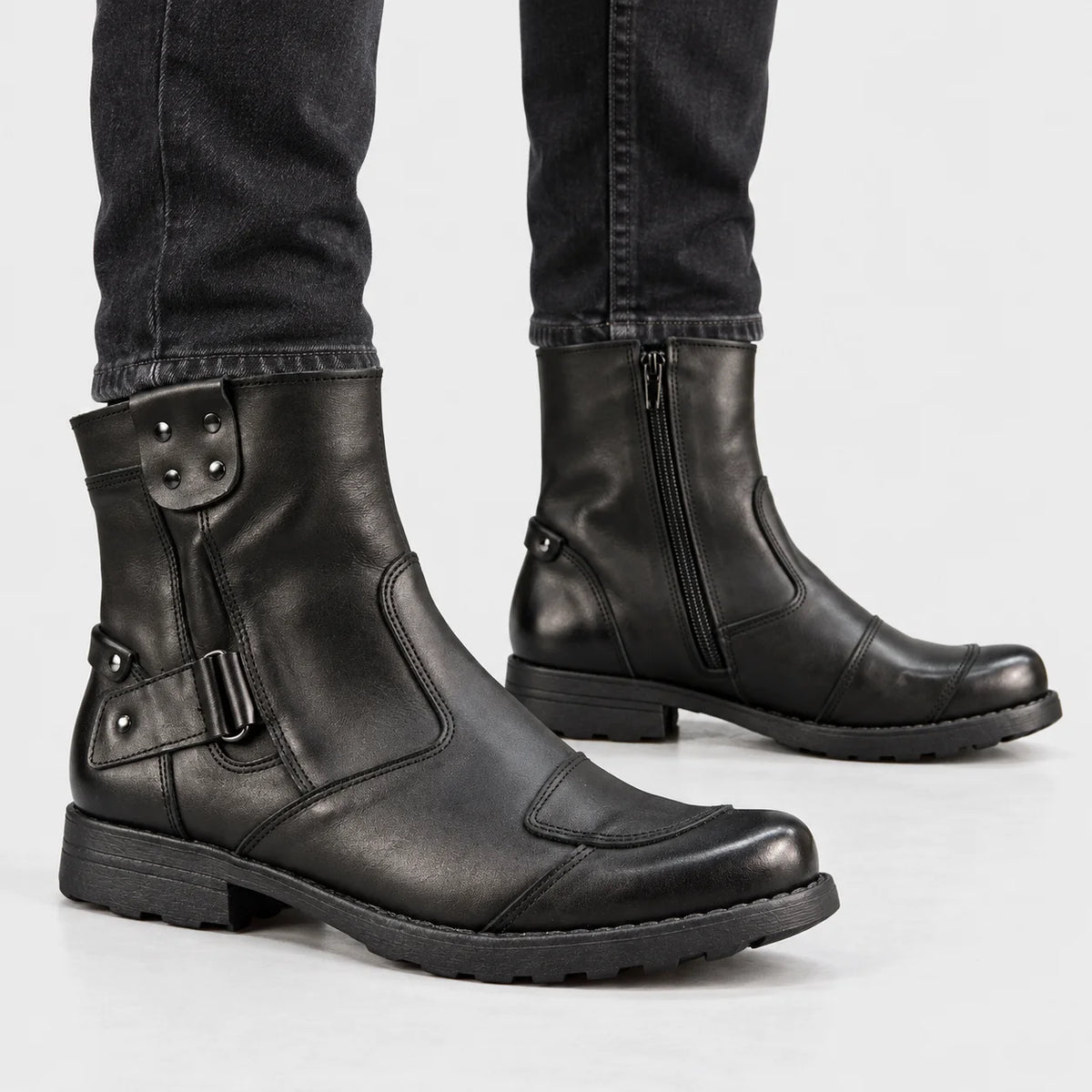 Bruce black leather motorcycle boots for men