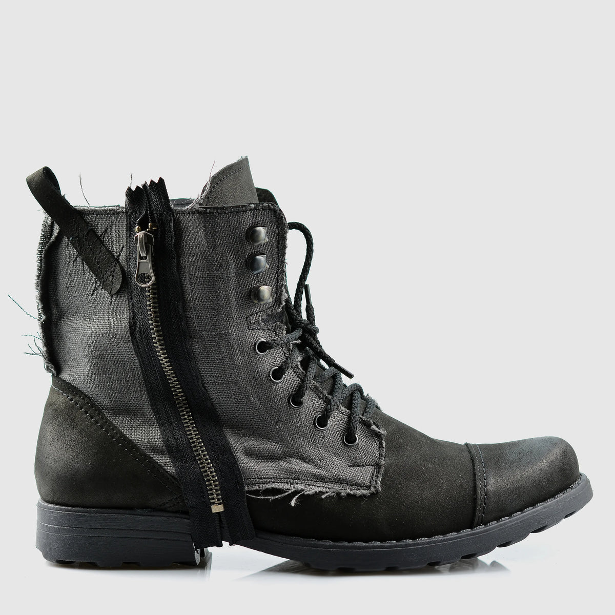 Linen Men's Black Leather & Linen Lace-Up Boots
