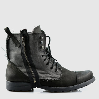 Linen Men's Black Leather & Linen Lace-Up Boots
