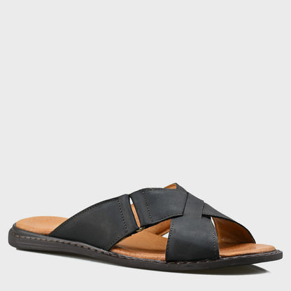 Black Leather Men’s Cross-Strap Slides – Nero | KarolShoes