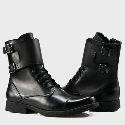 Pánské kožené boty Vanguard – černé vysoké boty s přezkami a bočním zipem | KarolShoes