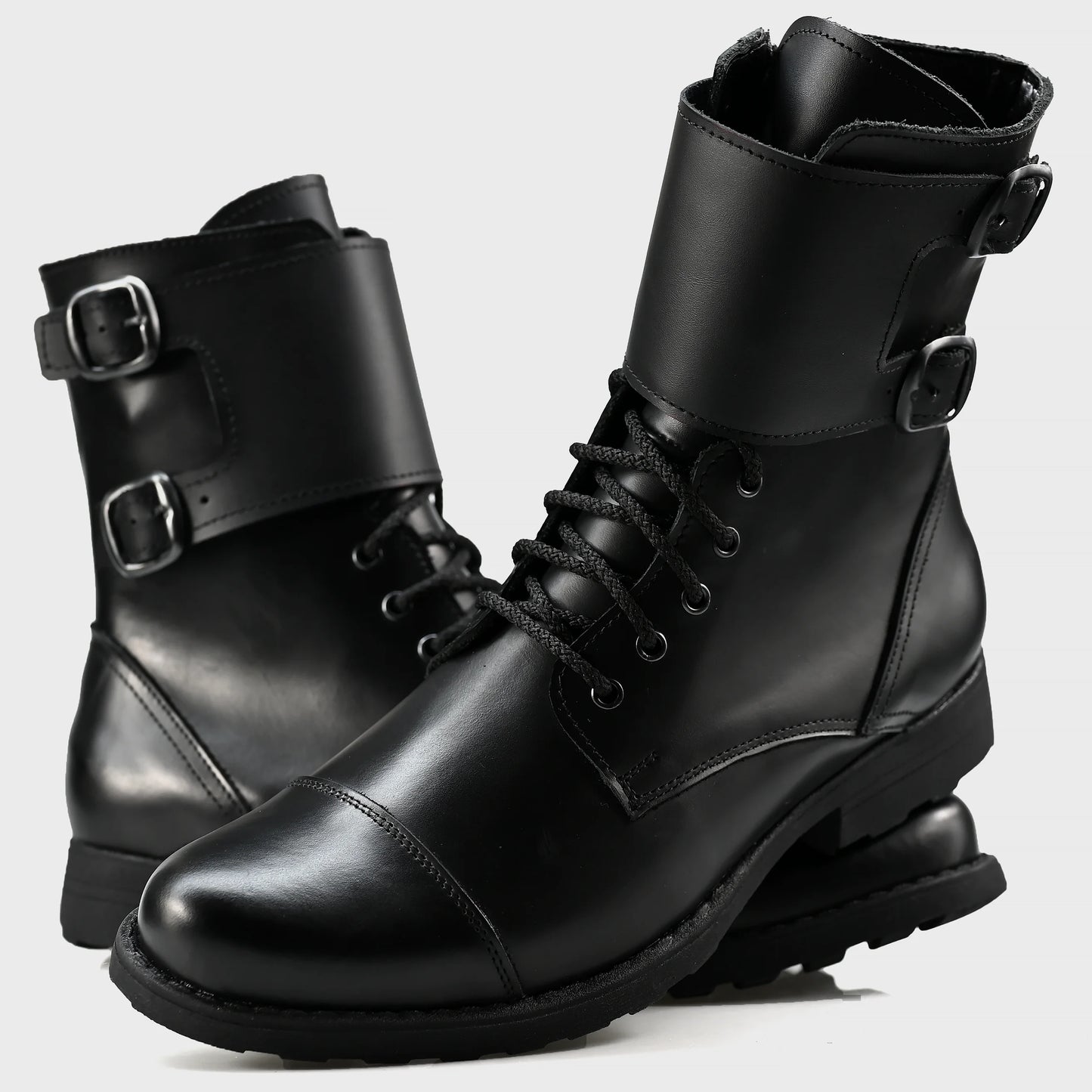 Pánské kožené boty Vanguard – černé vysoké boty s přezkami a bočním zipem | KarolShoes