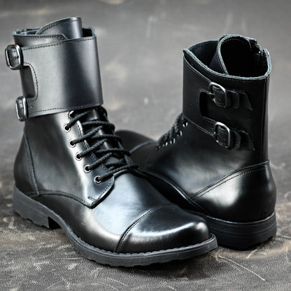 Pánské kožené boty Vanguard – černé vysoké boty s přezkami a bočním zipem | KarolShoes