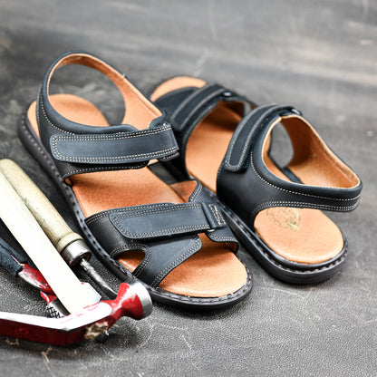 Black Leather Men’s Velcro Sandals – Lino | KarolShoes