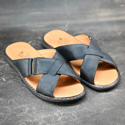 Black Leather Men’s Cross-Strap Slides – Nero | KarolShoes
