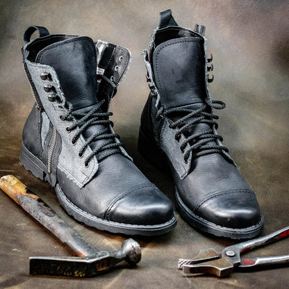 Handmade Men’s Leather & Linen Boots – Linen Black | KarolShoes