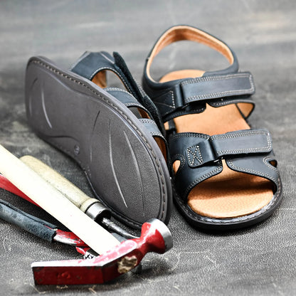 Black Leather Men’s Velcro Sandals – Lino | KarolShoes