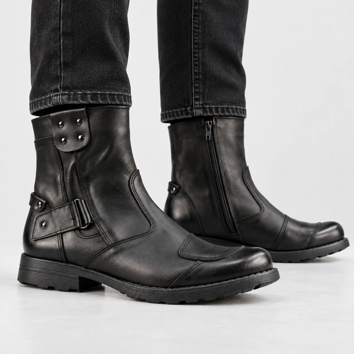 Bruce black leather motorcycle boots for men