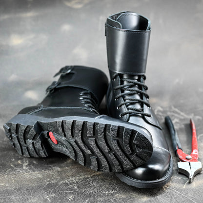 Pánské kožené boty Vanguard – černé vysoké boty s přezkami a bočním zipem | KarolShoes